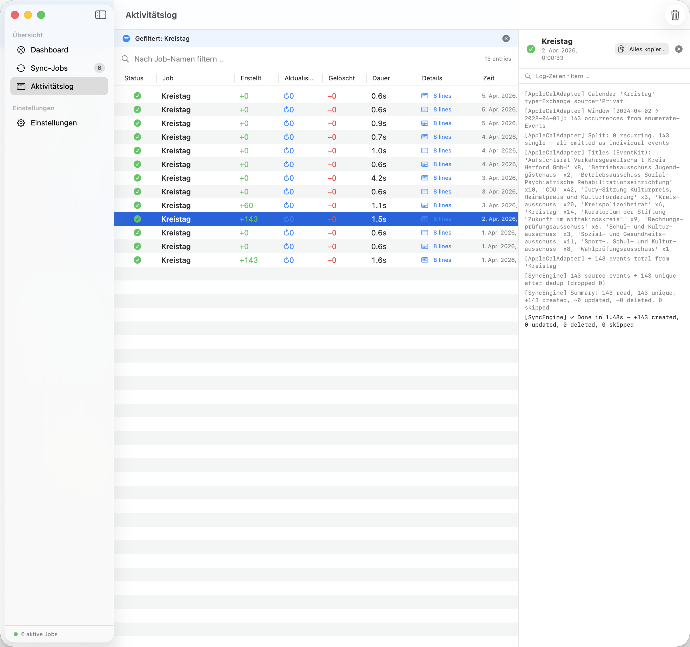 Aktivitätslog mit Detailspalte in Syncanor